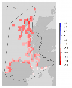 Map of projected change in fulmar breeding pairs.